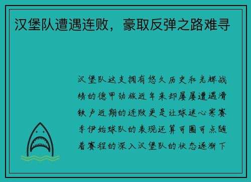 汉堡队遭遇连败，豪取反弹之路难寻