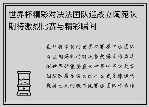 世界杯精彩对决法国队迎战立陶宛队期待激烈比赛与精彩瞬间