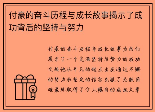 付豪的奋斗历程与成长故事揭示了成功背后的坚持与努力